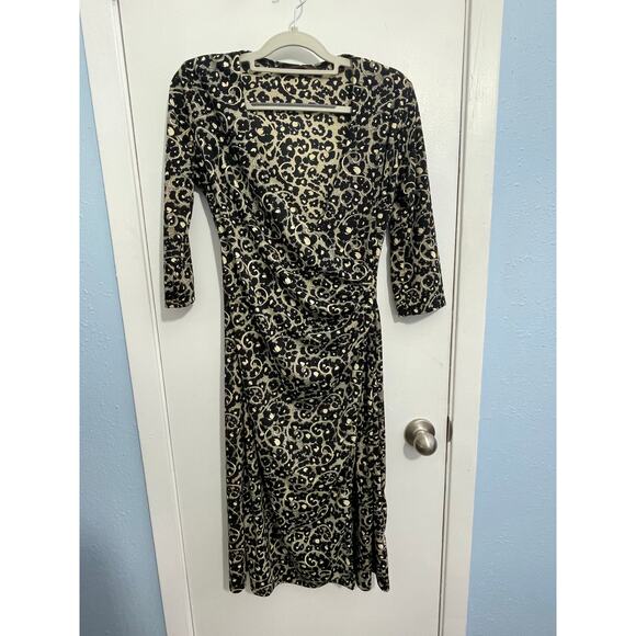 Y2k Vintage Dress Small Faux Wrap Black Gold Whimsygoth 3/4 Sleeve Office Siren - Picture 1 of 6